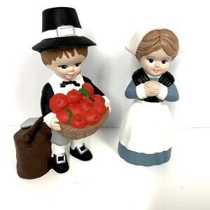 1981 Hand Painted Ceramic Boy & Girl Pilgrim Thanksgiving Figurines Dona's Mold